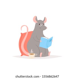 Vector hand drawn pretty rat. Cute grey mouse in autumn season reading book. 2020 Chinese New Year symbol - postcard, greeting card, poster, print