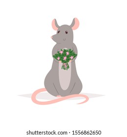 Vector hand drawn pretty rat. Cute grey mouse in spring season holding flowers. 2020 Chinese New Year symbol - postcard, greeting card, poster, print