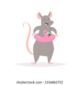 Vector hand drawn pretty rat. Cute grey mouse in summer season with flamingo rubber ring. 2020 Chinese New Year simbol - postcard, greeting card, poster, print