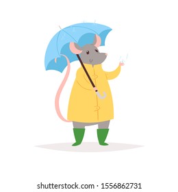 Vector hand drawn pretty rat. Cute grey mouse in autumn season in yellow raincoat with umbrella. 2020 Chinese New Year symbol - postcard, greeting card, poster, print