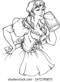 Vector hand drawn pretty young girl drinking beer. Line art. Octoberfest .