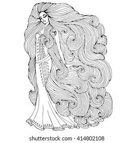 Vector hand drawn princess young girl with long wavy hair in a long historical dress. Princess Rapunzel. Mystical Fairy sea nymph. Magic mysterious character from fairy tales. Coloring page.