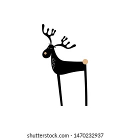 Vector hand drawn print black christmas deer isolated on white background.