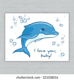 vector hand drawn printable illustration with cartoon dolphin and bubbles. Can be printed on t-shirts, pillow, poster, mug, bag, card