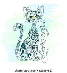 vector hand drawn printable illustration of sitting zentangle cat with label on watercolor background. Can be printed on mug, pillow, t-shirt