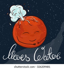 vector hand drawn printable illustration of Mars planet with stars and milky way on the background. Mars is gushing with water.