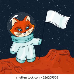 vector hand drawn printable illustration of fox astronaut with flag on the mars