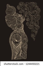 Vector hand drawn in profile sexy tattooed man with long hair. Romantic patterned guy let a pair vaping e-cigarette. Pattern smoking boy in brown and yellow page A4 size for adults.