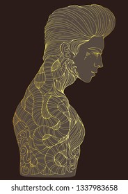 Vector hand drawn in profile sexy tattooed man with long hair. Romantic patterned guy let a pair vaping e-cigarette. Pattern smoking boy in brown and yellow page A4 size for adults.
