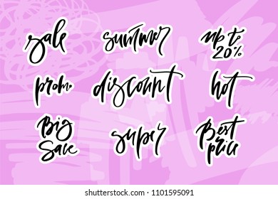 Vector hand drawn promotional design of words big sale, summer, up to, promo, discount, hot, best price, super, for banner on website, clothes store. Art illustration of logotype for sale, give away