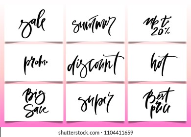 Vector hand drawn promotional design of words big sale, summer, up to, promo, discount, hot, best price, super, for banner on website, clothes store. Art illustration of logotype for sale, give away
