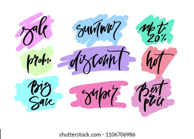 Vector hand drawn promotional design of words big sale, summer, up to, promo, discount, hot, best price, super, for banner on website, clothes store. Art illustration of logotype for sale, give away