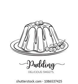 Vector hand drawn pudding icon badge dessert for design menu cafe, label and packaging. Retro style.