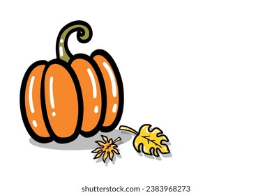 Vector Hand Drawn Pumpkin Illustration of Pumpkin with Autumn Leaves. Doodle Style Pumpkin with Dry Leaves. Fall Concept Isolated Vector Design Element. Organic Fruit Illustration. Hello Autumn.