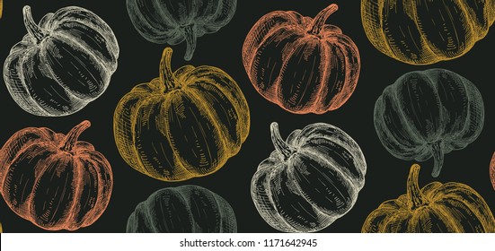 Vector hand drawn pumpkin seamless pattern. Endless vegetables Halloween background. For wrapping paper, street festival, farmers market, country fair, shop, menu, cafe, restaurant.