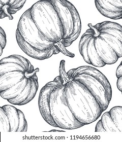 La calabaza dibujada a mano vectora es un patrón sin fisuras. Verduras interminables fondo de Halloween. Para envolver papel, festival callejero, mercado de agricultores, feria de campo, tienda, menú, café, restaurante