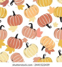 Vector Hand drawn pumpkin Seamless Pattern on white background Colorful Hand Drawn Pumpkins Texture Flat  style vegetables pattern wallpaper illustration Farm gardening cooking and halloween concept