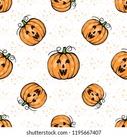 vector hand drawn pumpkin with smiling face, seamless pattern for Halloween