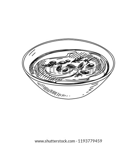 Vector hand drawn pumpkin soup. Dishes of international cuisine. Detailed retro style Illustration. Vintage sketch element for labels, packaging and cards design. Modern background.
