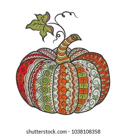 Vector Hand drawn pumpkin in zentangle style. Adult coloring book page, cartoon doodle illustration. Halloween Holiday, thanksgiving background. Colorful vegetable, isolated on white