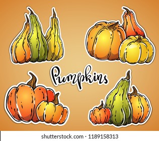 Vector hand drawn pumpkins cartoon stickers vector set. Food sketch illustration for print, web, mobile and infographics isolated on white background