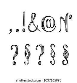 Vector hand drawn punctuation marks, numerals on white background
