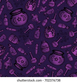 vector hand drawn purple witchy bottles seamless pattern. Black outline of potions, elixirs, vials 
and cauldrons. Halloween design.
