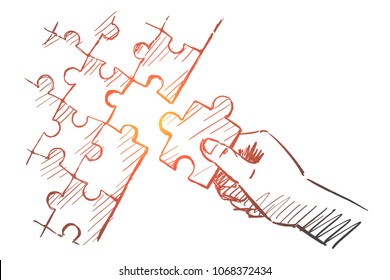 Vector hand drawn puzzle hand concept sketch with pencil over it. Human hand completing whole puzzle with last piece