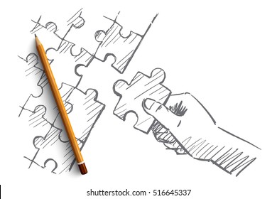 Vector hand drawn puzzle hand concept sketch with pencil over it. Human hand completing whole puzzle with last piece