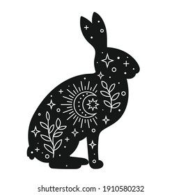 Vector hand drawn rabbit with boho elements for decoration. Bohemian clipart. Woodland animal hare
