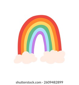 Vector hand drawn rainbow with clouds isolated on white background