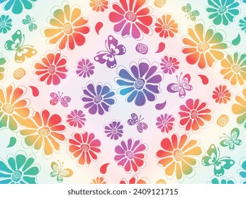 Vector hand drawn rainbow gradient spring seamless pattern with flowers and butterflies on a white background