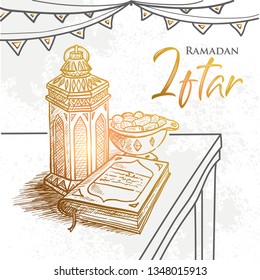 Vector hand drawn Ramadan Iftar party celebration. Traditional subjects. the Muslim feast of the holy month of Ramadan Kareem. Vector Illustration