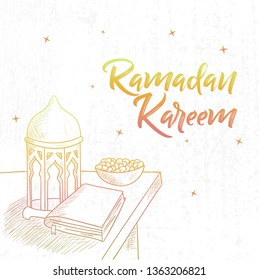 Vector hand drawn Ramadan Iftar party celebration. Traditional subjects. the Muslim feast of the holy month of Ramadan Kareem. Vector Illustration 