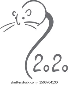 Vector hand drawn rat with numbers of new year 2020. Stylized rat illustration. Design element. Rat with long tail