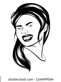 Vector hand drawn realistic illustration of happy girl with smile isolated. Creative artwork. Template for card, poster. banner, print for t-shirt, pin, badge, patch and label.