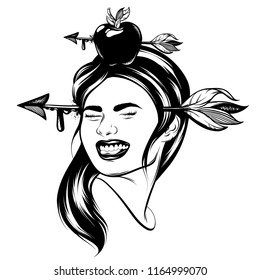 Vector hand drawn realistic illustration of a girl with apple and arrow in her head. Tattoo creative artwork. Template for card, poster. banner, print for t-shirt, pin, badge, patch.