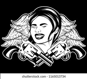 Vector hand drawn realistic illustration of girl with wings and guns isolated. Tattoo creative artwork. Template for card, poster. banner, print for t-shirt, pin, badge, patch and label.