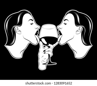 Vector hand drawn realistic illustration of women with glass of wine isolated. Creative tattoo artwork. Template for card, poster. banner, print for t-shirt, pin, badge, patch.