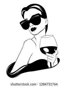 Vector hand drawn realistic illustration of woman with glass of wine isolated. Creative tattoo artwork. Template for card, poster. banner, print for t-shirt, pin, badge, patch.