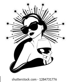 Vector hand drawn realistic illustration of woman with glass of wine isolated. Creative tattoo artwork. Template for card, poster. banner, print for t-shirt, pin, badge, patch.