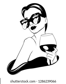 Vector hand drawn realistic illustration of woman with glass of wine isolated. Surrealistic tattoo artwork. Template for card, poster. banner, print for t-shirt, pin, badge, patch.
