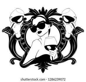 Vector hand drawn realistic illustration of woman with glass of wine isolated. Surrealistic tattoo artwork with baroque frame. Template for card, poster. banner, print for t-shirt, pin, badge, patch.