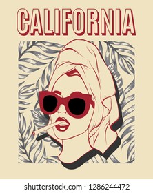 Vector hand drawn realistic illustration of woman with towel and sunglasses . Creative artwork with palm leaves. Template for card, poster. banner, print for t-shirt, pin, badge, patch.