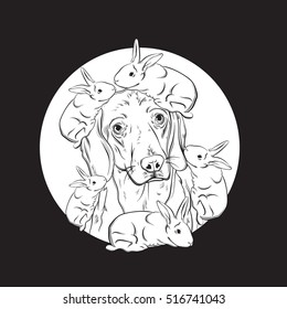 Vector hand drawn realistic illustration of beagle with rabbits. Portrait of sad dog with sorry eyes. Template for card poster banner and print for t-shirt.