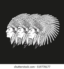 Vector hand drawn realistic illustration of Indian with beautiful roach. Artwork in line style. Template for postcard banner poster and print for t-shirt
