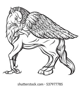 Vector hand drawn realistic illustration of hippogriff in line style. Mythological magic religion victorian motif, tattoo design element. Heraldry and logo concept art. Template for card poster banner