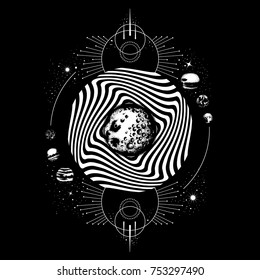 Vector hand drawn realistic  illustration of moon. Surreal artwork with planets and geometrical composition. Template for card, banner, print for t-shirt.