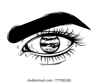 Vector hand drawn realistic illustration of human eye with planet instead pupil. Tattoo artwork. Template for card, poster, banner, print for t-shirt, textiles. 