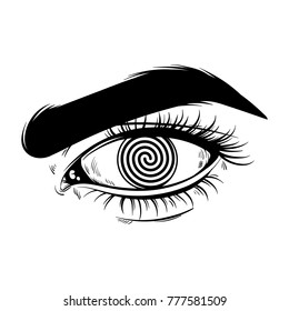 Vector hand drawn realistic illustration of human eye with spiral instead pupil. Tattoo artwork. Template for card, poster, banner, print for t-shirt, textiles. 